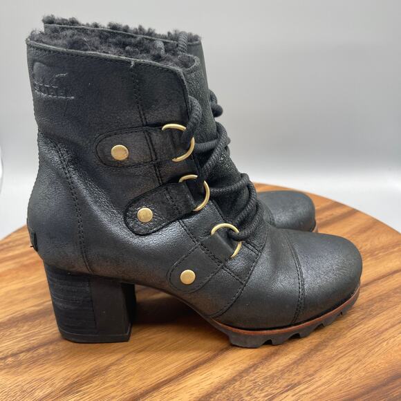 Sorel Addington Boots Womens Size 7.5 Black Leather Chelsea Lace Up Ankle Lined - Picture 1 of 8